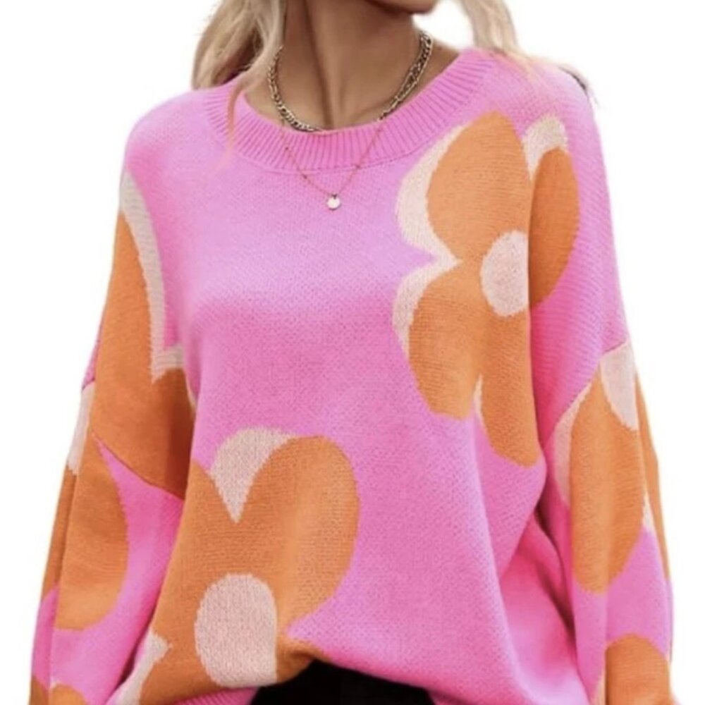 143 Story Pink & Orange Floral Cable Knitted Sweater, S